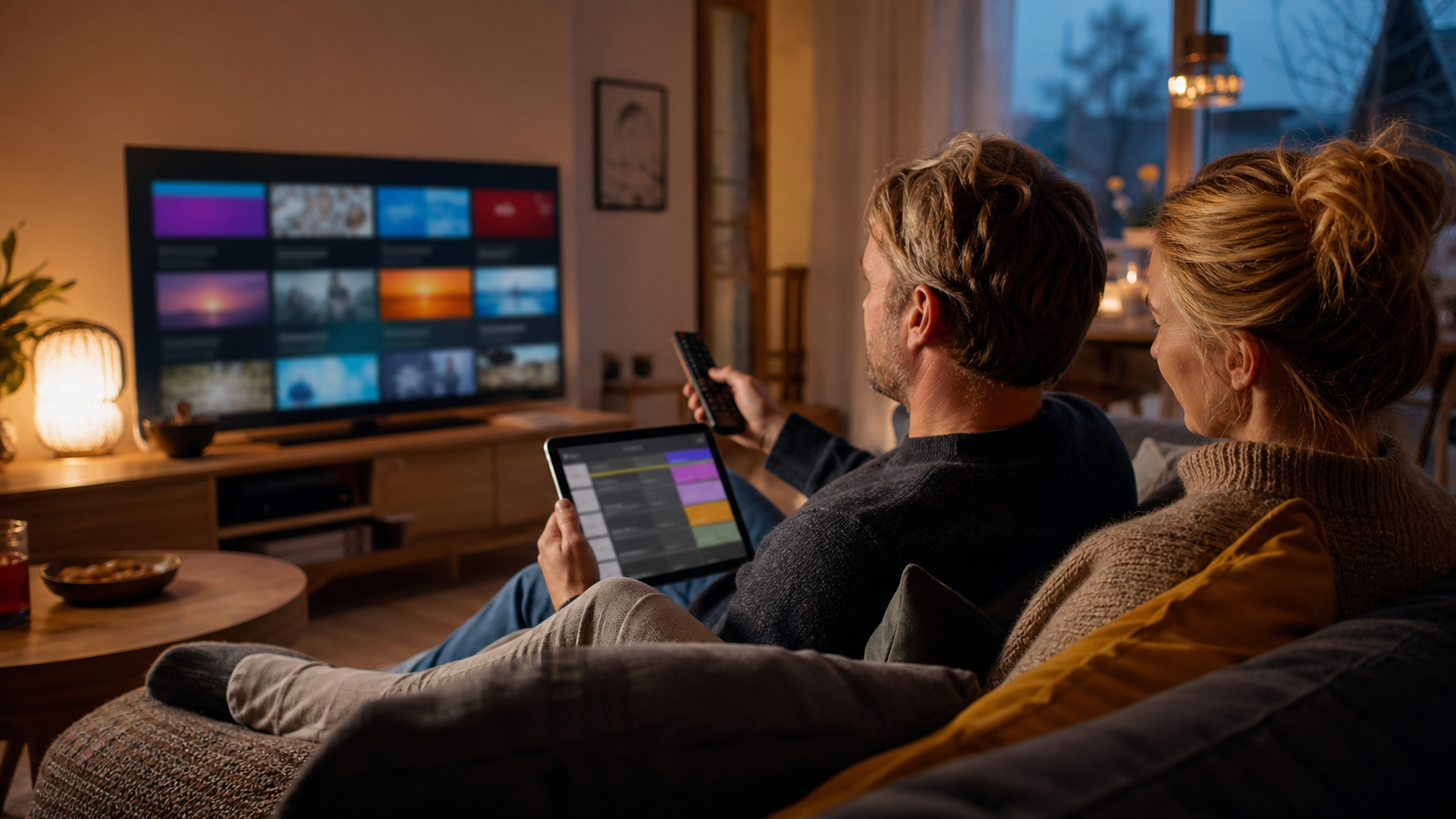 Dansk par planlægger tv-aftenen med en TV guide
